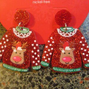New Fun Hildie and Jo Holly Jolly Acrylic "Ugly Sweater" Reindeer Earrings